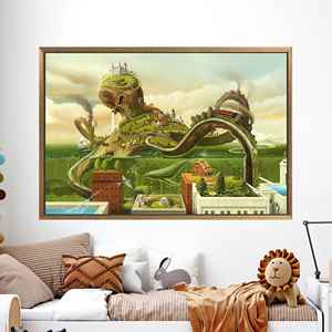 Arte de pared en lienzo con diseño de viaje en tren surrealista, decoración de fantasía impresa en plano plano, 1P: con marco dorado - Product Image 1