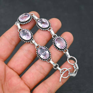 สร้อยข้อมือโซ่ชุบเงิน925ทำด้วยมือจากนักออกแบบเครื่องประดับอัญมณี kunzite สีชมพูของขวัญสำหรับผู้หญิง - Product Image 2