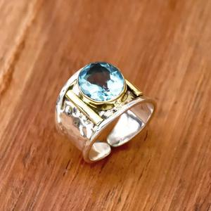 แหวนบุษราคัมสีฟ้า925เงินสเตอร์ลิงสายพลอยตัดวงรีวงกว้างปรับได้ทำด้วยมือสองสีเครื่องประดับพลอย - Product Image 3