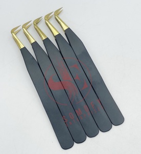 Pinces à cils professionnelles de haute qualité en fibre dorée, logo personnalisé, noir mat, volume pointu, acier inoxydable solide, Somofy - Product Image 5