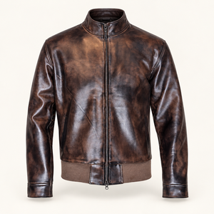 Vintage Brown Leather <b>Jacket</b> <b>Men</b> Stand Collar Zipper Bomber Custom Front Logo Winter Outerwear Waxed Design Waterproof ODM - Product Image 1