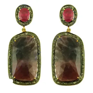 Boucles d'oreilles pendantes pour femmes en plaqué or 14 carats avec rubis et saphir, style goutte élégant avec diamants, pour mariages et fêtes - Product Image 3