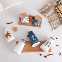Ensemble de bouteilles à condiments en céramique de style japonais avec couvercle en bambou 220 ml, cruche à condiments de cuisine