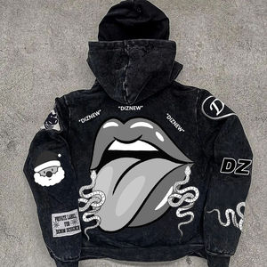 TRADE in MFG <b>Men's</b> 100% Cotton Hoodies with Custom Screen Print Distressed Embroidery Full Zip up <b>Black</b> 520GSM <b>for</b> Two Hats - Product Image 2