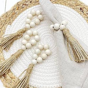 Servilletero de madera natural blanca, cuentas blancas, borlas de Yute natural, decoración del hogar, ajuste de mesa, nueva decoración rústica, servilletero único - Product Image 1