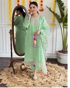 Pantalon Kurti élégant brodé de couleur Pista de style occidental indien avec organza Dupatta pour dame vêtements et accessoires à vendre - Product Image 2