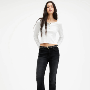T-shirt Henley blanc à manches longues pour femme, col rond, détails boutonnés, coupe ajustée, décontracté, en coton tricoté - Product Image 2
