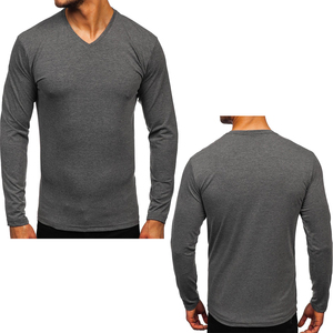Camisetas informales con cuello en V de alta calidad para hombre, camisetas negras de manga larga con patrón sólido teñido liso, paquete múltiple a granel, venta al por mayor disponible - Product Image 2