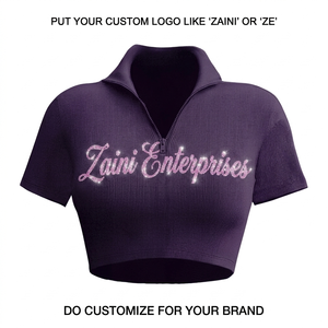 Premium 320 GSM Soft Rib Knit Quarter Zip <b>Crop</b> <b>Top</b> Shirt Custom Heat Transfer Rhinestone Logo Dark Purple - Product Image 1