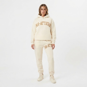 Conjunto de Sudadera con Capucha y Pantalones Jogger de Felpa Crema para Mujer, Ropa Deportiva Informal para el Hogar - Product Image 1