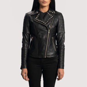 Veste en cuir pour femme haut de gamme à la mode en peau de mouton Design moto classique avec col montant et coupe ajustée chic - Product Image 1