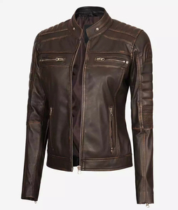Vêtements personnalisés pour femmes Col étiquette Veste en cuir de moto marron en détresse pour femmes pour l'hiver - Product Image 2