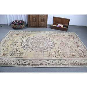 6.1x9.3 ft Vintage Turkish Rug, Large Rug, <b>Brown</b> White Southwestern <b>Wool</b> Rug - Product Image 3