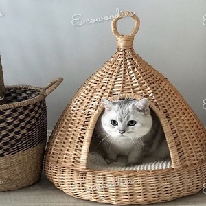 Natural Rattan Pet Bed Self-Warming <b>Indoor</b> <b>Kennel</b> for Cats & <b>Dogs</b> Cozy Snooze Sleeping Autumn Winter Pet Bed Bone Inlay Console - Product Image 1