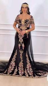 Vestido caftán negro bordado Zardozi a mano de último diseñador con Trail & Veil en tela de terciopelo para boda 2025 Argelia-Francia - Product Image 2