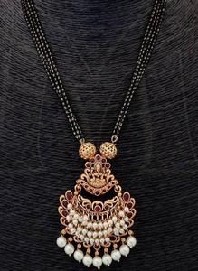 Elegant Matte Gold Plated Mangalsutra with Pearl and Temple Design Pendant and Matching Earrings Traditional <b>Indian</b> Wedding - Product Image 2