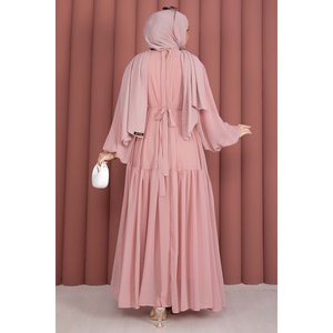 Vestido de Gasa Rosa Palo con Cinturón con Detalle Fruncido, Corte Imperio y Silueta en A Discreta - Product Image 4