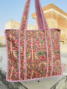 Handmade Block Print Quilted Tote <b>Bag</b> Eco-Friendly Floral Cotton Lightweight with Handy Pocket for Summer Winter Beach Shopping - Product Image 3