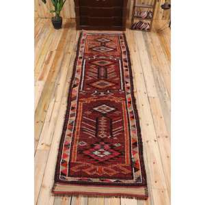 Vintage <b>Runner</b> Rug 2,8x10,6 ft, Turkish Herki <b>Red</b> Bordered Wool Rug - Product Image 1