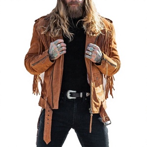 Men's <b>Suede</b> <b>Leather</b> <b>Jacket</b> With Tassel Fringe Zipper Closure Moto Biker Style Autumn Wear - Product Image 1