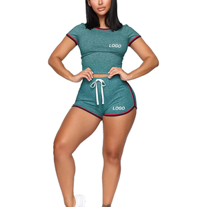 F240249 Women <b>Lounge</b> Wear Custom Summer <b>Two</b> <b>Pieces</b> New Solid Color Short-Sleeved Crop T-Shirt Casual Shorts Legging Suit <b>Set</b> - Product Image 2