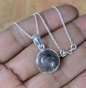 Designer Pendentif Cadeau Pour Elle Noir Rutile Mode Pendentif En Argent Sterling 925 Forme Ronde À La Main Pierres Précieuses Pendentif Bijoux - Product Image 5