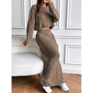Cropped Cable <b>Knit</b> Sweater <b>Set</b> Women's Red S Long Skirt Matching Outfit - Product Image 6