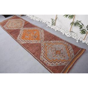2.8x10.2 ft Vintage Rug, Turkish <b>Runner</b> Rug, <b>Red</b> Moroccan Wool Rug - Product Image 3