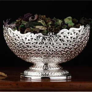 Diskon besar Pot bunga Aluminium logam pintar mangkuk timbul perak dekorasi meja diri Pot tanaman dalam ruangan luar ruangan dengan dudukan