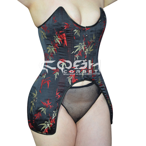 Exotic Black Brocade Overbust Corset With Red and Gold Bamboo Pattern High Cut Leg Design for Party and Fashion Wear - Product Image 4
