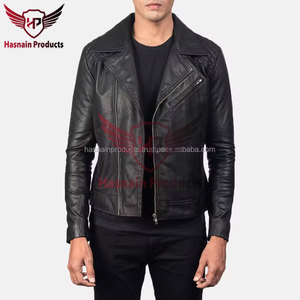 <b>Mens</b> Real Black Leather <b>Jacket</b> Asymmetrical Zip Quilted Shoulder Zip Pockets Sheepskin Biker Coat Custom Vintage Winter Outer - Product Image 4