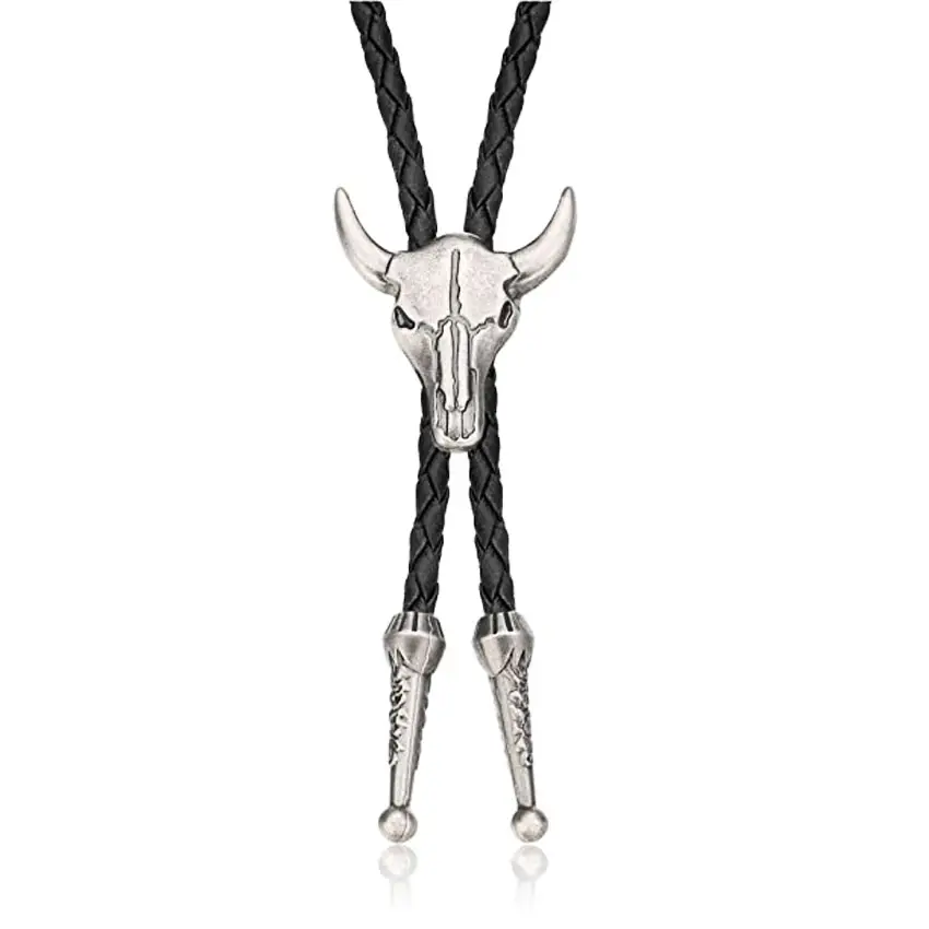 Personalized western cow skull leather rodeo bolo tie necktie