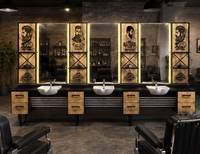 Station de Barbier Moderne de Luxe Commerciale Decorsall pour 3 Personnes, Unité de Coiffure en Bois Noir avec Miroirs Doubles LED, Éviers en Céramique et Rangement