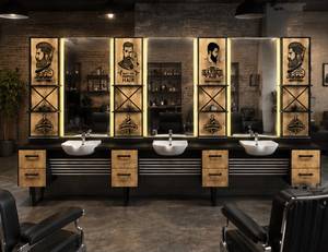 Luxury 3-Person Modern Barber Shop Station Black Wood Styling Unit LED Double <b>Mirrors</b> Ceramic Sinks <b>Storage</b> Cabinets Custom - Product Image 3