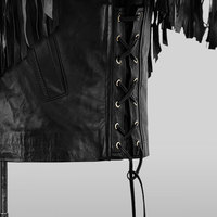 Veste en cuir de vachette souple à col montant pour hommes, noire, style western cowboy, avec franges sur le devant et logo