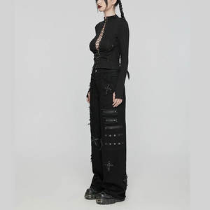 Pantalon large à jambes larges pour femmes, noir, gothique, punk, avec patch en forme de croix, décoratif, avec fermetures éclair - Product Image 3