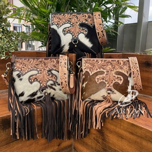 Factory Direct Wholesale Hand Tooled Leather Cowgirl Fringe Crossbody Bag for Women's Hair on Cowhide Leather Shoulder Handbag - Product Image 1