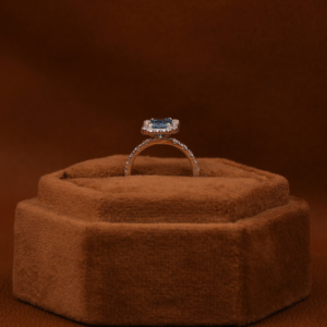Fashionable Solitaire Blue <b>Emerald</b> Cut Lab Grown Diamond With Tiny Round Cut Diamond Halo Engagement <b>Ring</b> in 18KT Solid Gold - Product Image 6
