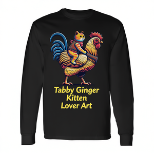 T-shirt a maniche lunghe con stampa artistica di gattino tabby e zenzero che cavalca un pollo - Maglietta promozionale a tema gatto - Product Image 2