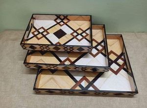 Recién llegado, juego de bandeja de servicio de forma redonda multifuncional con diseño impreso de esmalte, hecho de madera, bandeja de uso de artículos de comedor - Product Image 3