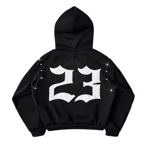 Sweat-shirt à capuche en coton lourd pour homme, streetwear d'hiver, noir, avec numéro personnalisé, impression numérique en strass, design de luxe - Product Image 2