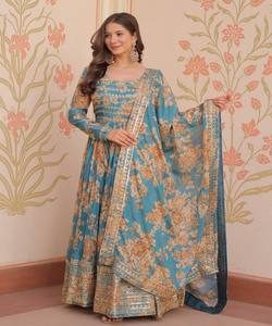 VESTIDO DE TRABAJO DE SECUENCIA BORDADA CON IMPRESIÓN DIGITAL DE SECUENCIA DE DISEÑADOR RUSO DUPATTA DESPIECE DE FIESTA PRECIO AL POR MAYOR ROPA ÉTNICA LAVABLE - Product Image 1