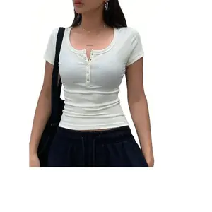 Camisa de manga corta con cuello en V de verano con camiseta de botón para mujer Camiseta corta con proveedor de botones de Bangladesh - Product Image 1
