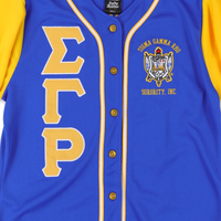 Maillot de baseball Sigma Gamma Rho bleu roi et or pour femme, avec lettres grecques, boutonné, vêtement de sororité SGR, coupe athlétique