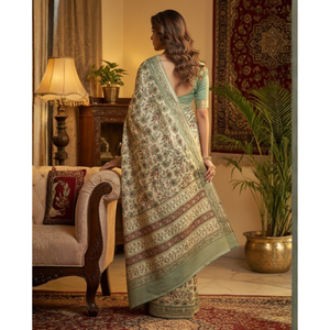 Sari ethnique en Chanderi à imprimé floral avec chemisier, style traditionnel, tissu en mousseline - Product Image 3
