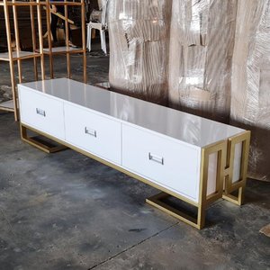 Modern White Painted Wooden TV Stand with 3 Drawers and Bronze-Color <b>Frame</b> KTV68065 Foldable TV Table for Farmhouse Use - Product Image 2
