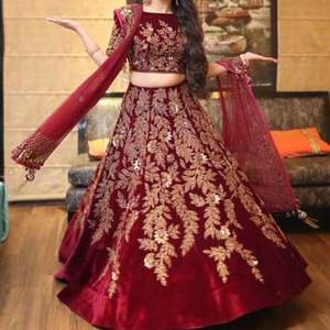 INDIAN/PAKISTANI KOTI & LEHENGA DRESS on VELVET <b>FABRIC</b> -- Embellished WITH DABKA,STONE GLASS BEADS Work for Wedding @ 2022 - Product Image 1