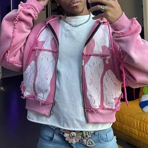 Autumn Warm 100% Cotton Casual Streetwear <b>Pullover</b> Vintage Acid-washed Distressed Tassel Hoodie for <b>Men</b> - Product Image 4