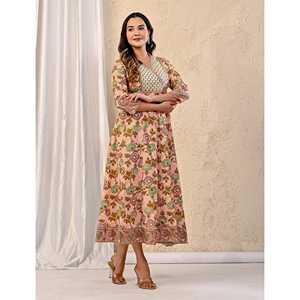 Vestido Largo Estampado de Algodón Color Durazno, Estilo Casual Elegante Hippie para Mujer, Transpirable, Cintura Natural, Talla 5XL, para Club - Product Image 6