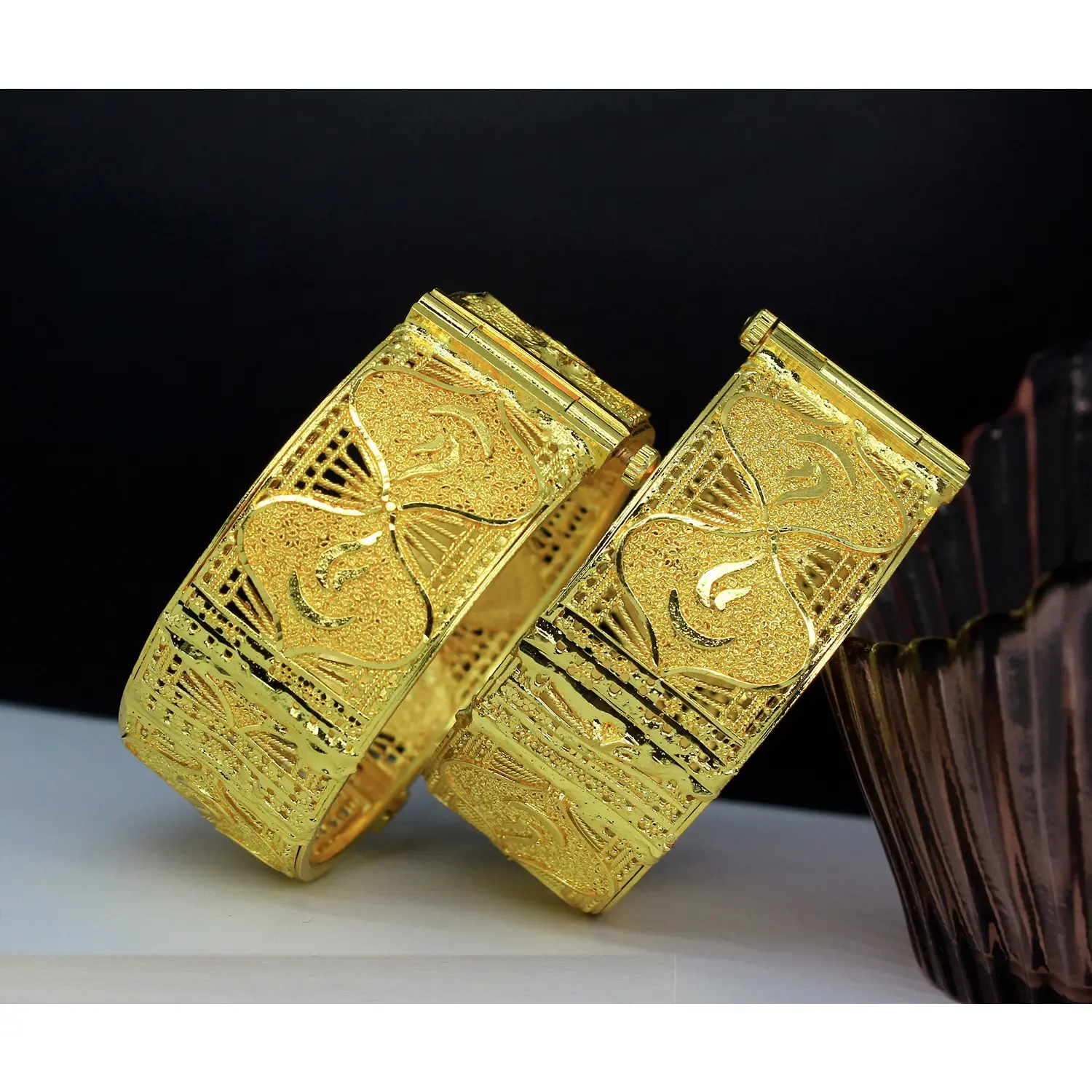 Bangles thiết kế mạ vàng 2PC hợp thời trang tinh khiết Brass rộng Bangles Set Dubai đồ trang sức cho phụ nữ với giá tốt nhất dây đeo cổ tay